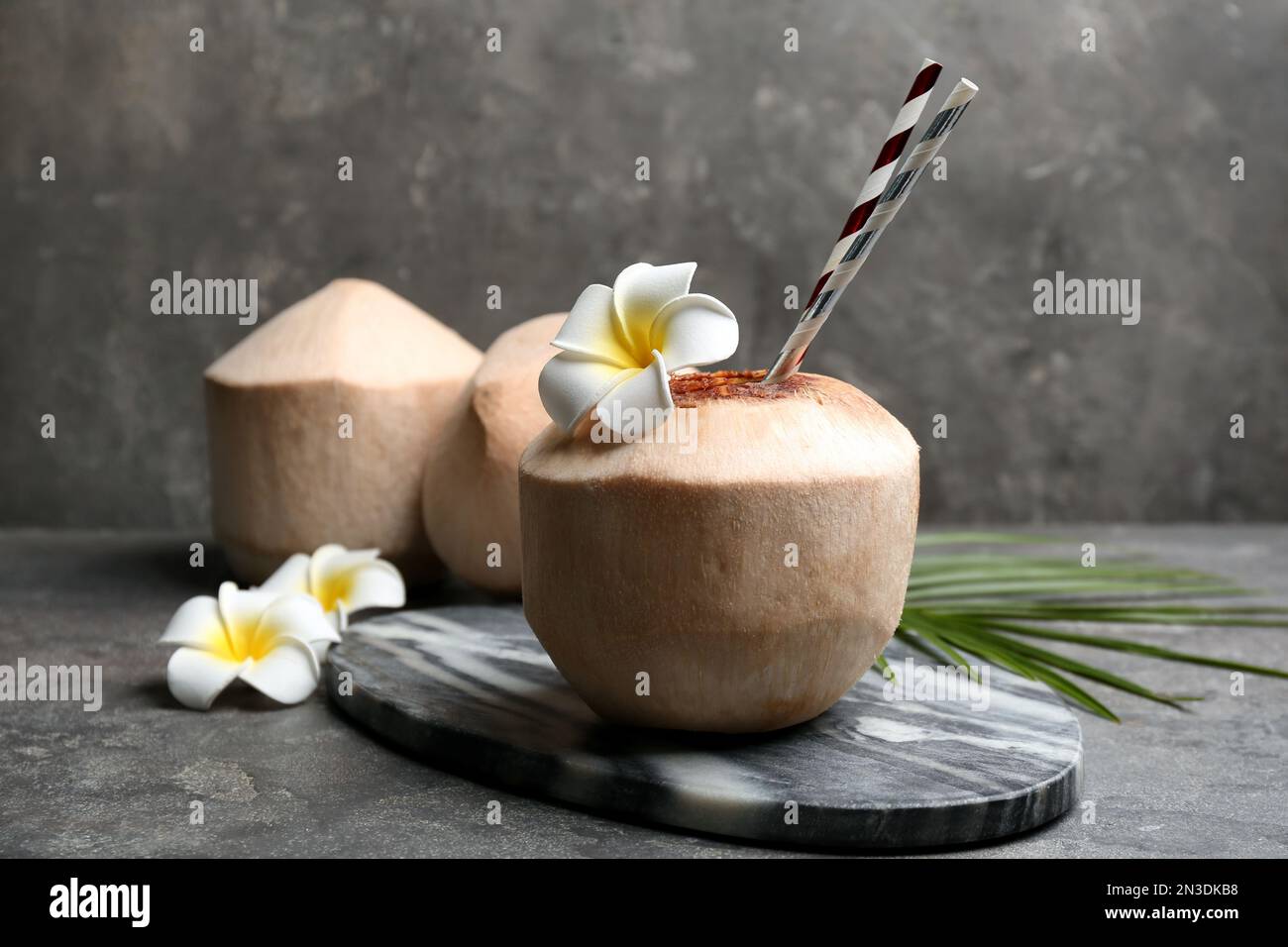 Young peeled coconuts with straw, palm leaf and beautiful flowers on grey table Stock Photo
