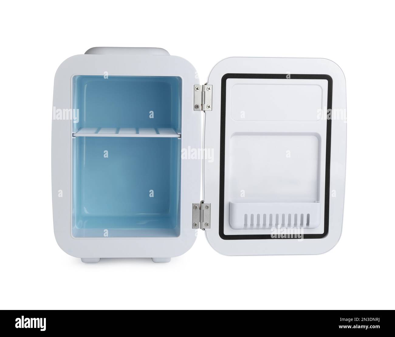 Open mini refrigerator for cosmetics isolated on white Stock Photo