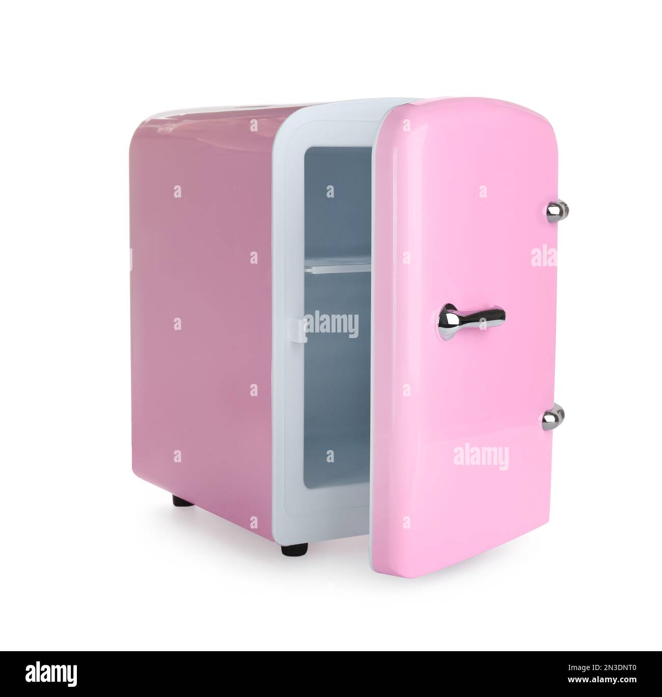 Open pink cosmetics refrigerator isolated on white Stock Photo Alamy
