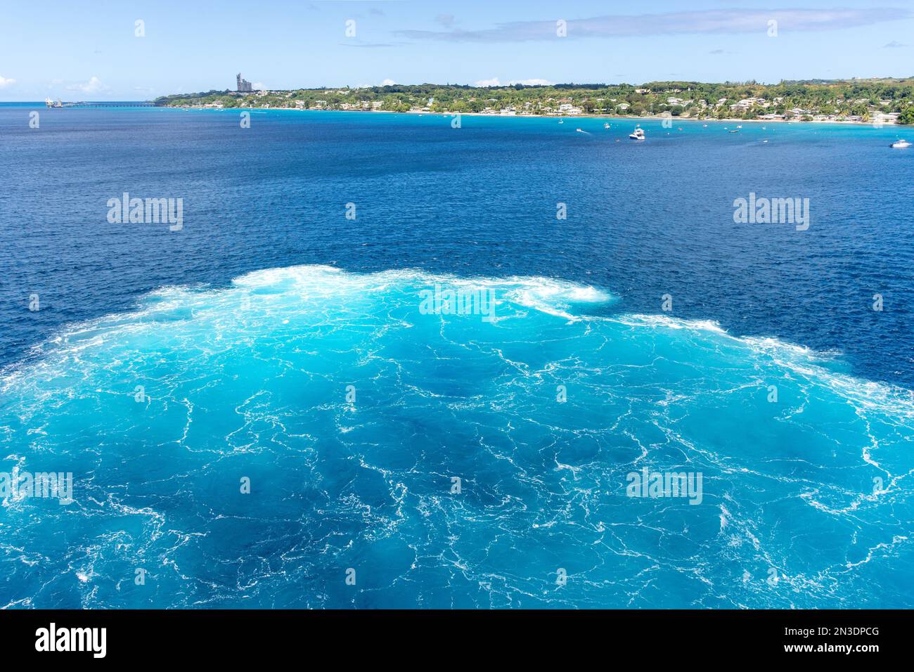 Reverse thrust wake from P&O Arvia Cruise Ship , Bridgetown, St Michael Parish, Barbados, Lesser Antilles, Caribbean Stock Photo