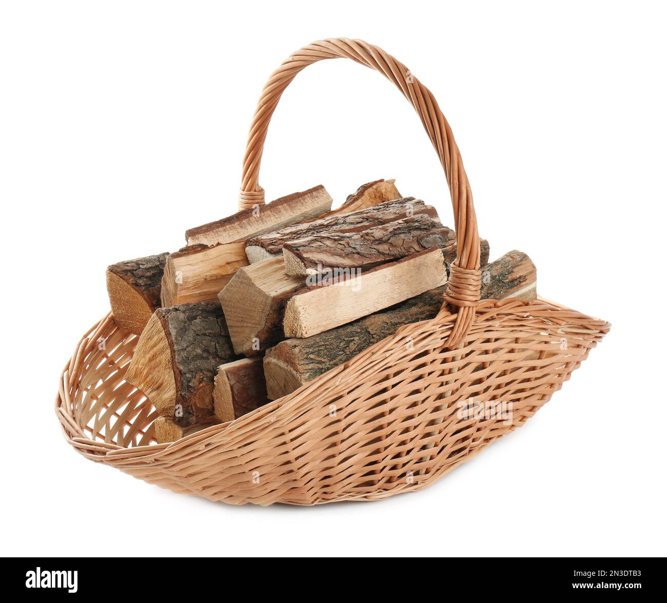 Wicker basket with firewood on white background Stock Photo Alamy