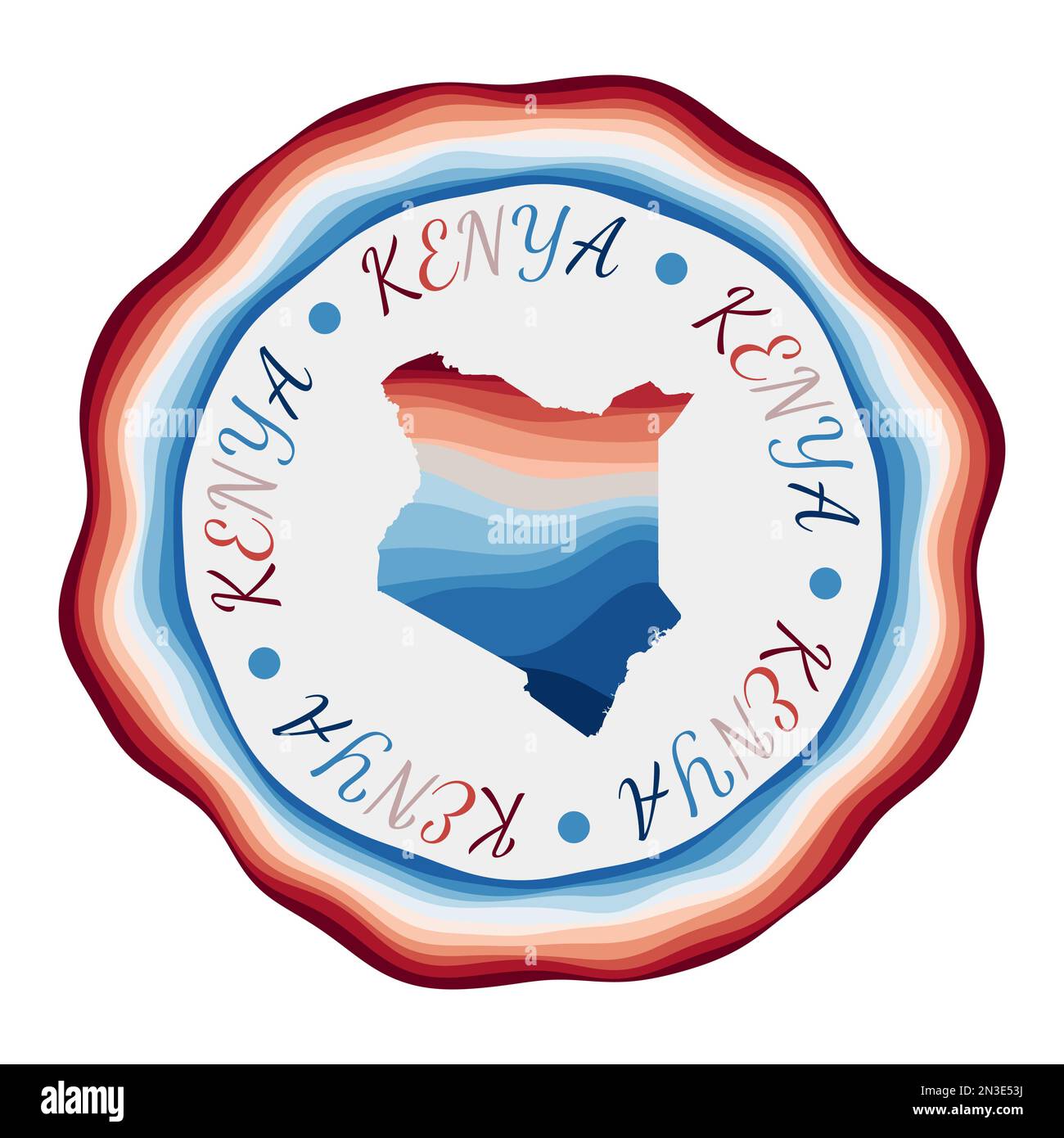 Kenya badge. Map of the country with beautiful geometric waves and vibrant red blue frame. Vivid round Kenya logo. Vector illustration. Stock Vector