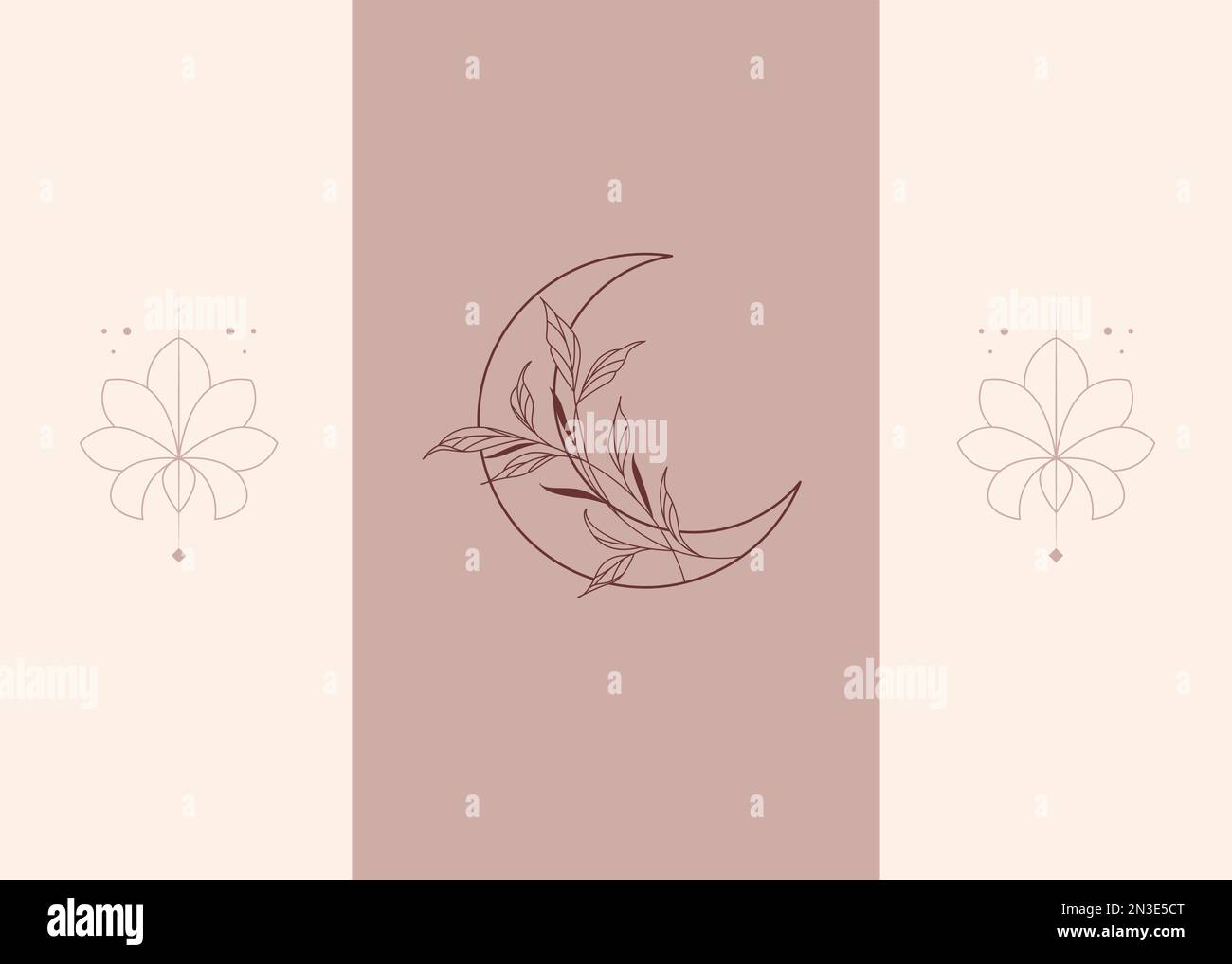 Moon and lotus flower vector set.  Elegant crescent and star logo design line icon vector in luxury style outline linear. Premium boutique, jewelry, w Stock Vector