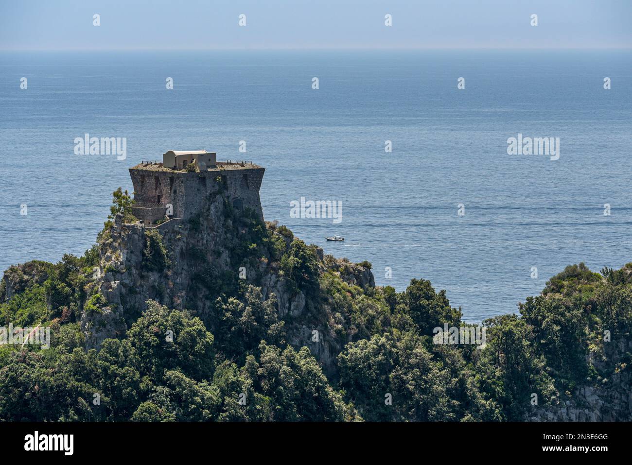 Promontory with fortification, and old, stone fort along the Amalfi Coast in Praiano; Salerno, Italy Stock Photo