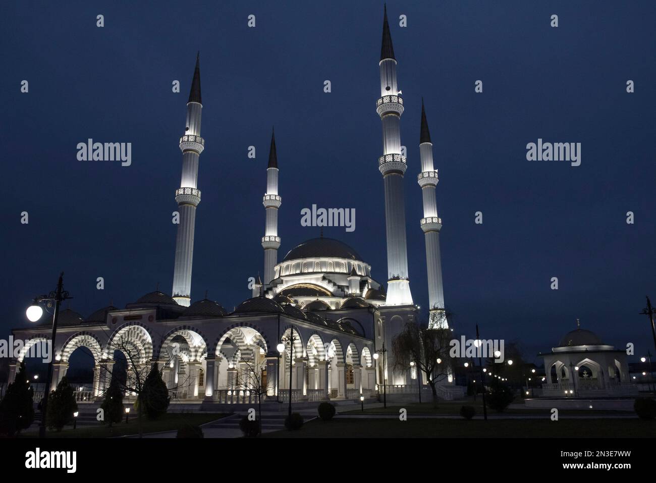 Akhmad Kadyrov Mosque in Grozny illuminated at night; Grozny, Chechen Republic, Russia Stock Photo