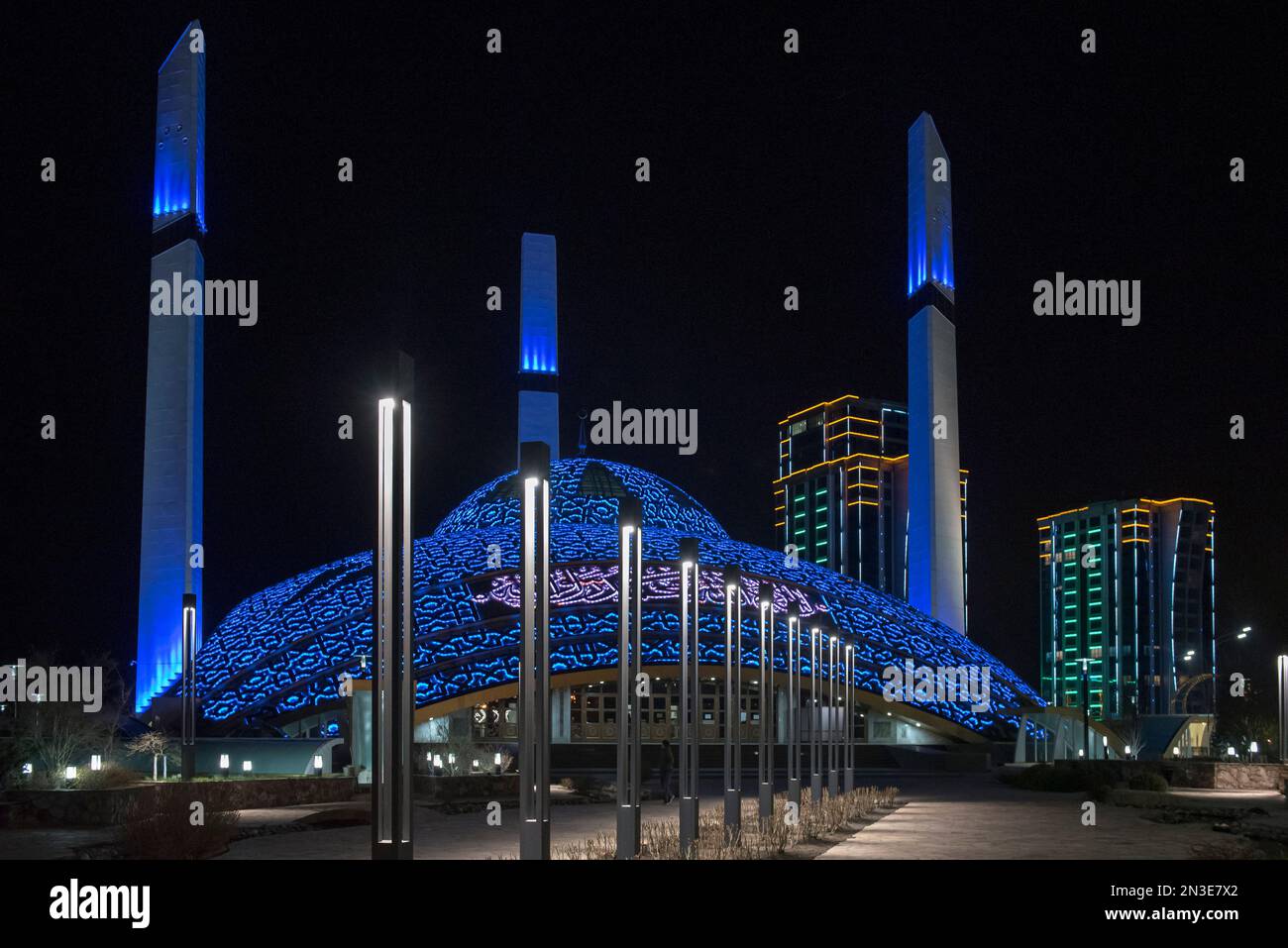 View of the Aimani Kadyrova Mosque illuminated at night; Argun, Chechen Republic, Russia Stock Photo