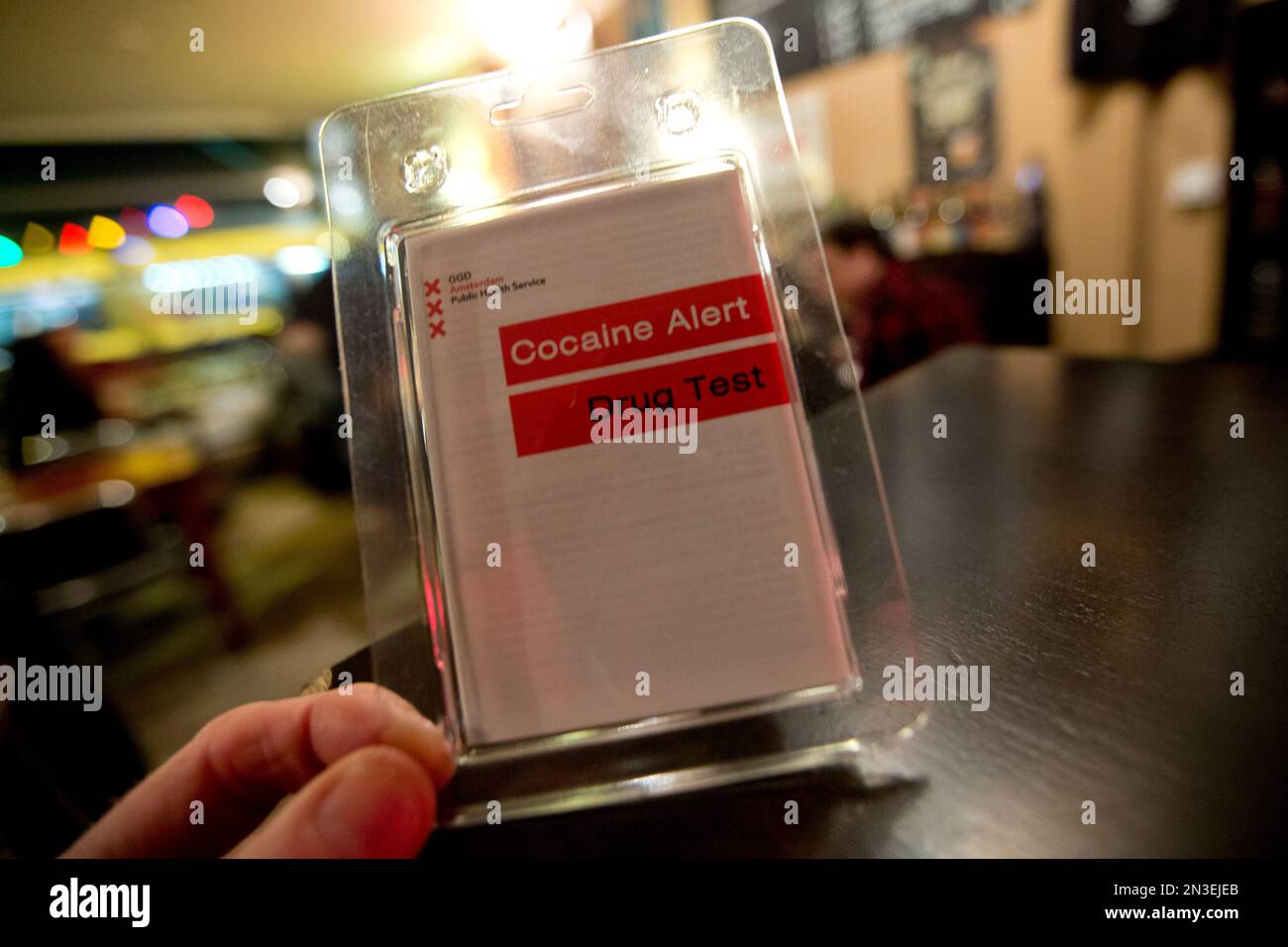 A drug testing kit issued by the city of Amsterdam is displayed by the