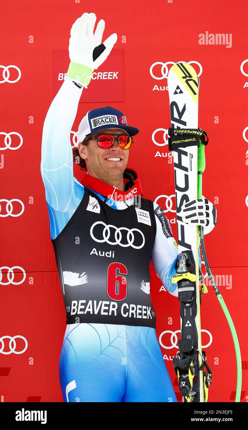 Thirdplace finisher Steven Nyman, of the United States, celebrates on