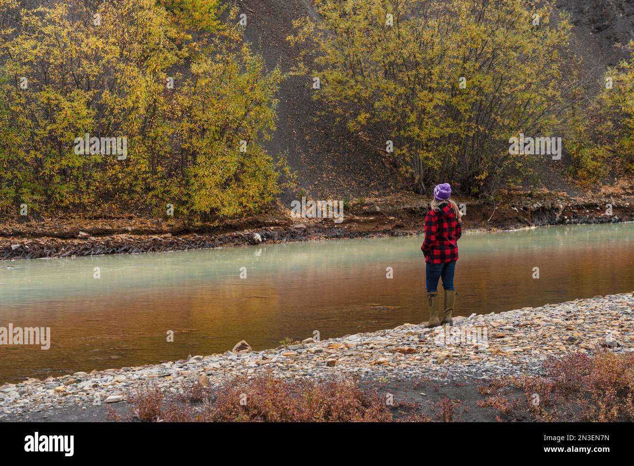 Woman standing along the riverbank of the Rock River in Northern Yukon in autumn; Arctic Circle, Yukon, Canada Stock Photo