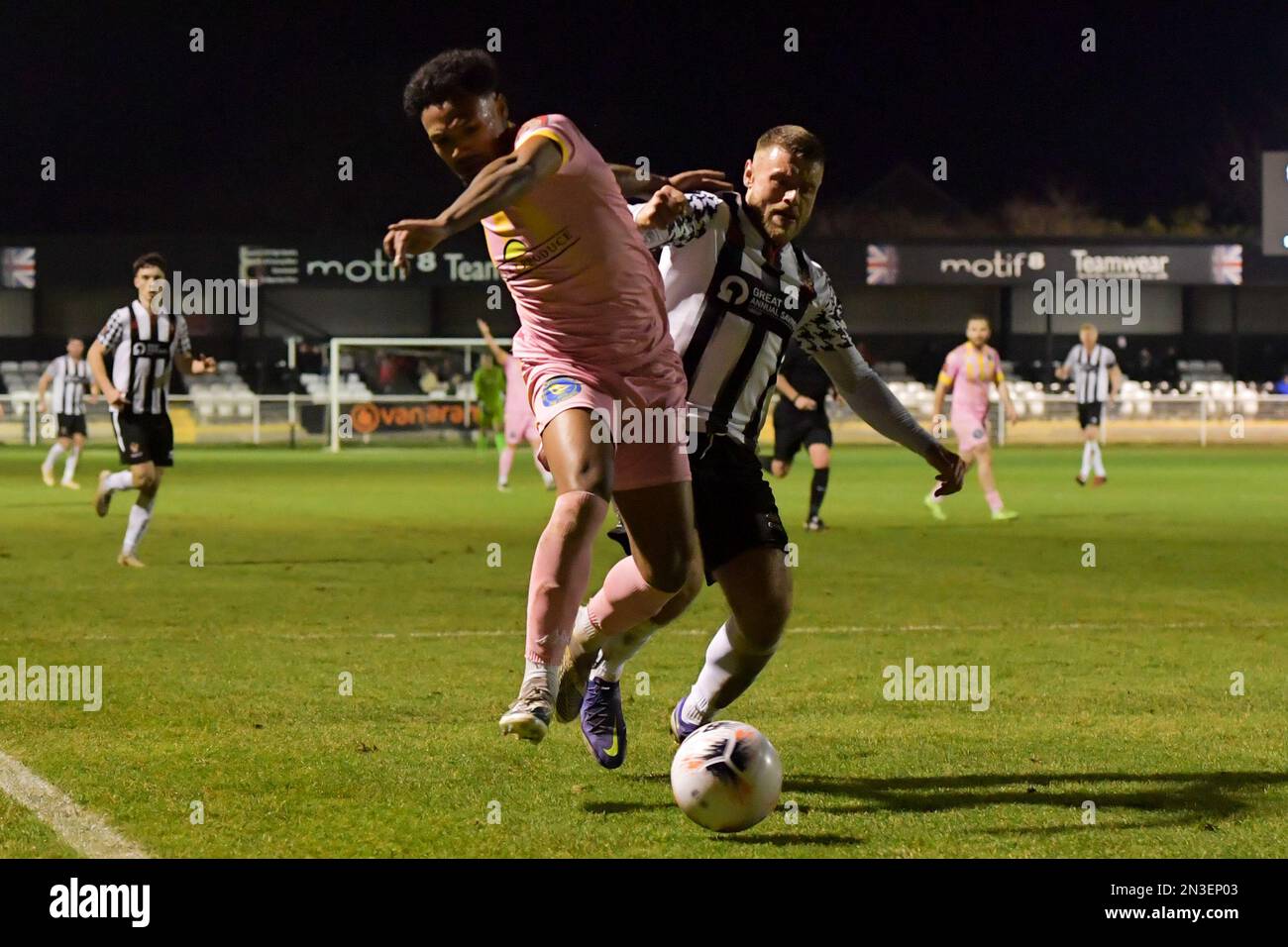 King's Lynn Town Tyler Denton and Spennymoor Town's Paul Blackett during the Vanarama National League North match between Spennymoor Town and Kings Lynn at the Brewery Field, Spennymoor on Tuesday 7th February 2023. (Photo: Scott Llewellyn | MI News) Credit: MI News & Sport /Alamy Live News Stock Photo