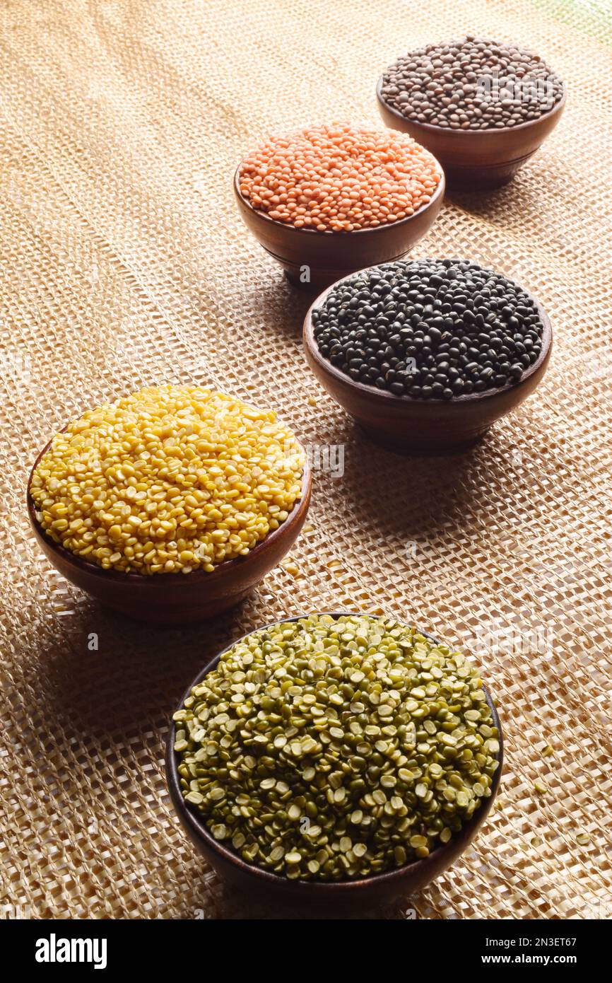 Collection of various seeds, grams, legumes and lentils in bowl Stock