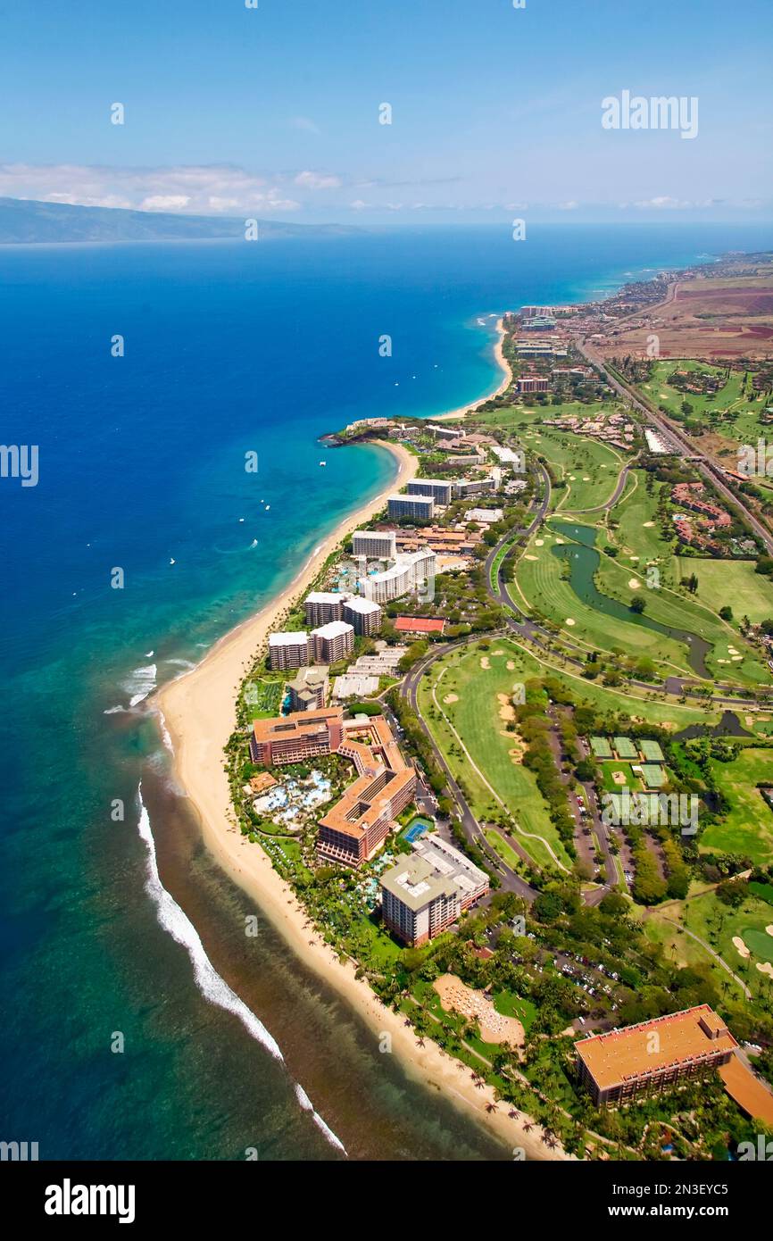Aerial view of hotels along Kaanapali Beach with Kaanapali golf course 