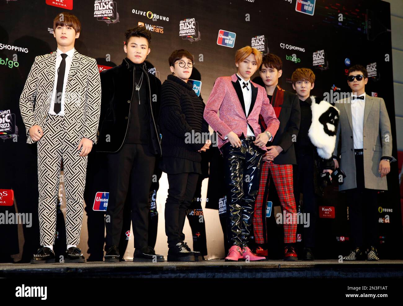 South Korean K-Pop boys band Block B pose for the photographers during ...