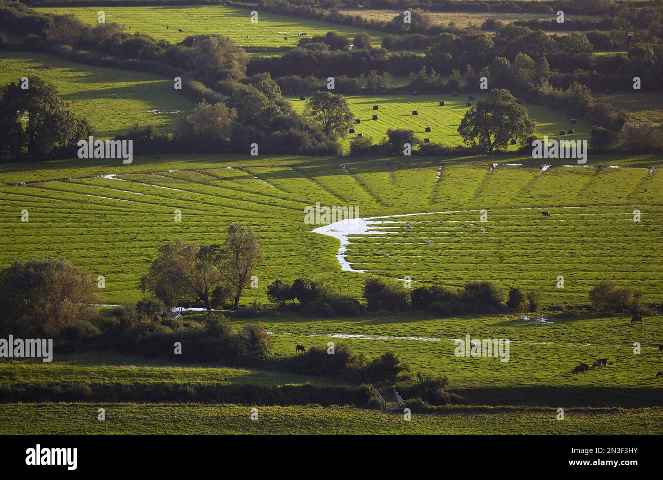 A view across the countryside of lush farmland from the slopes of Crook Peak; Somerset, England, Great Britain Stock Photo