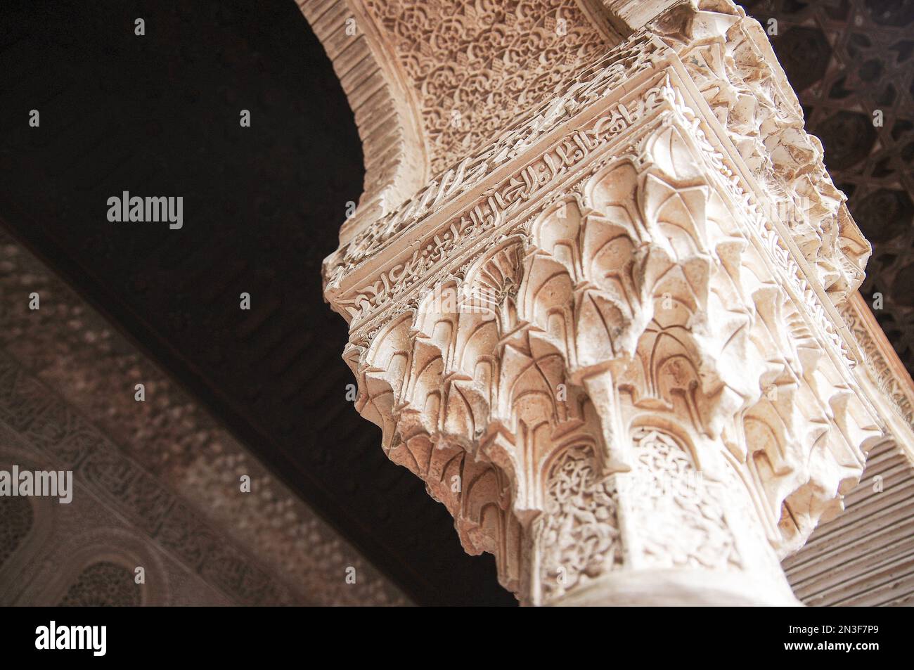 Nasrid-era Moorish architecture, decorative arches and ceilings at the Patio de los Leones (Court of the Lions) — the Alhambra; Granada, Spain Stock Photo