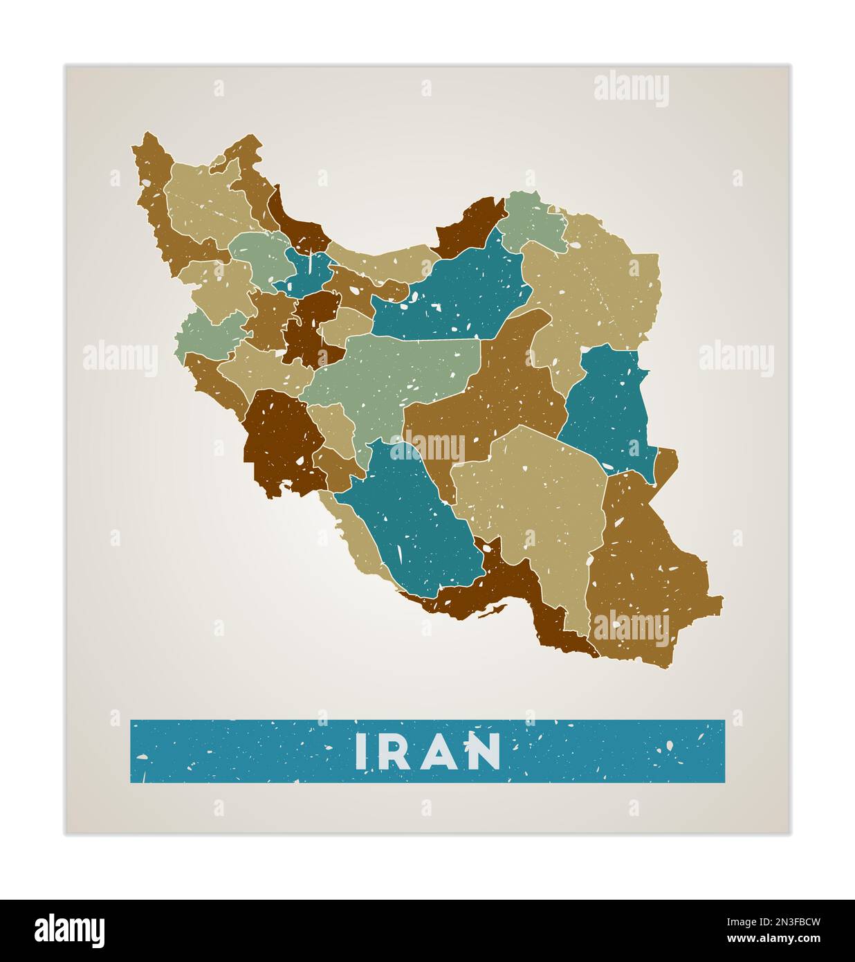 Iran map. Country poster with regions. Old grunge texture. Shape of