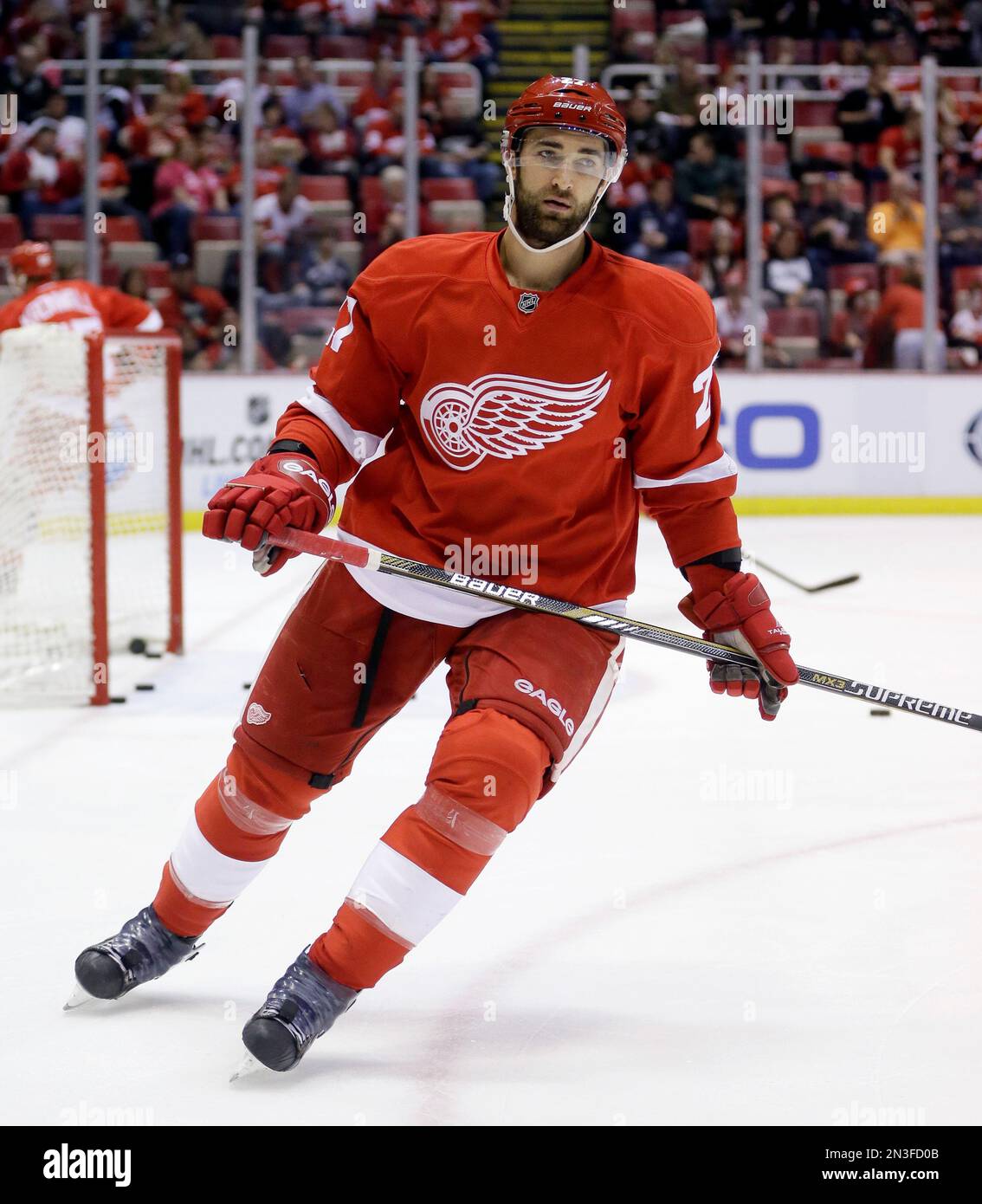 Detroit Red Wings defenseman Kyle Quincey skates during warmups before