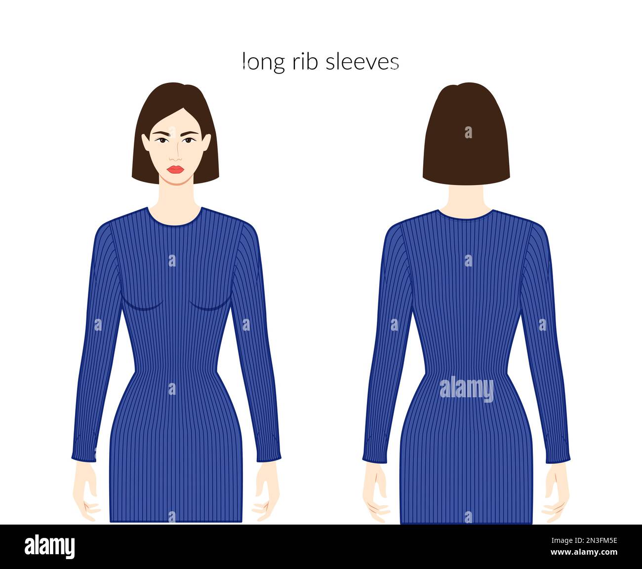 Rib sleeves long knit length clothes character beautiful lady in blue