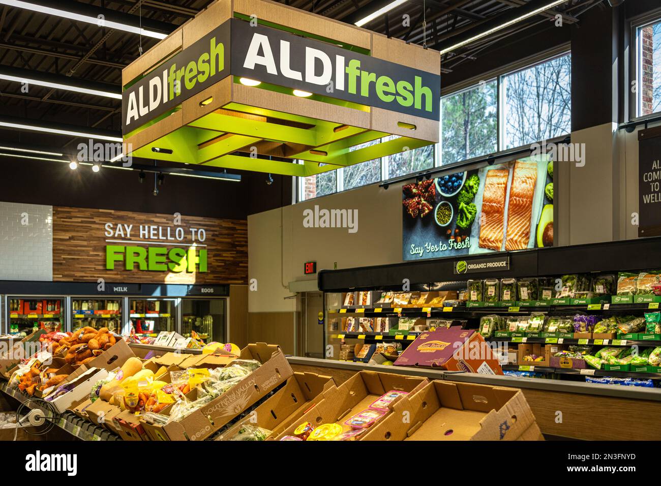 Fresh produce at Aldi supermarket in Snellville (Metro Atlanta), Georgia. (USA) Stock Photo