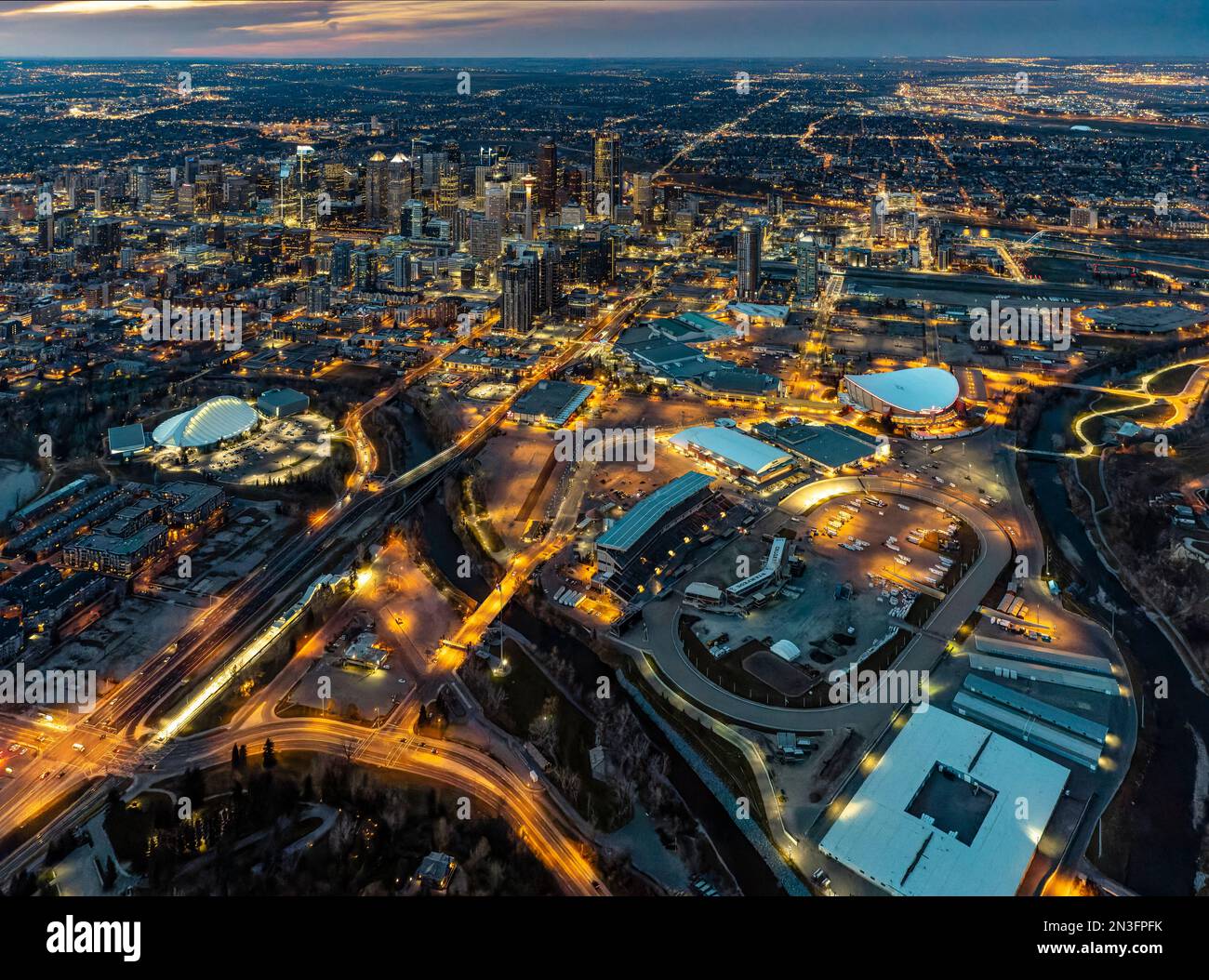 Aerial evening view of downtown Calgary, Alberta Canada Stock Photo Alamy