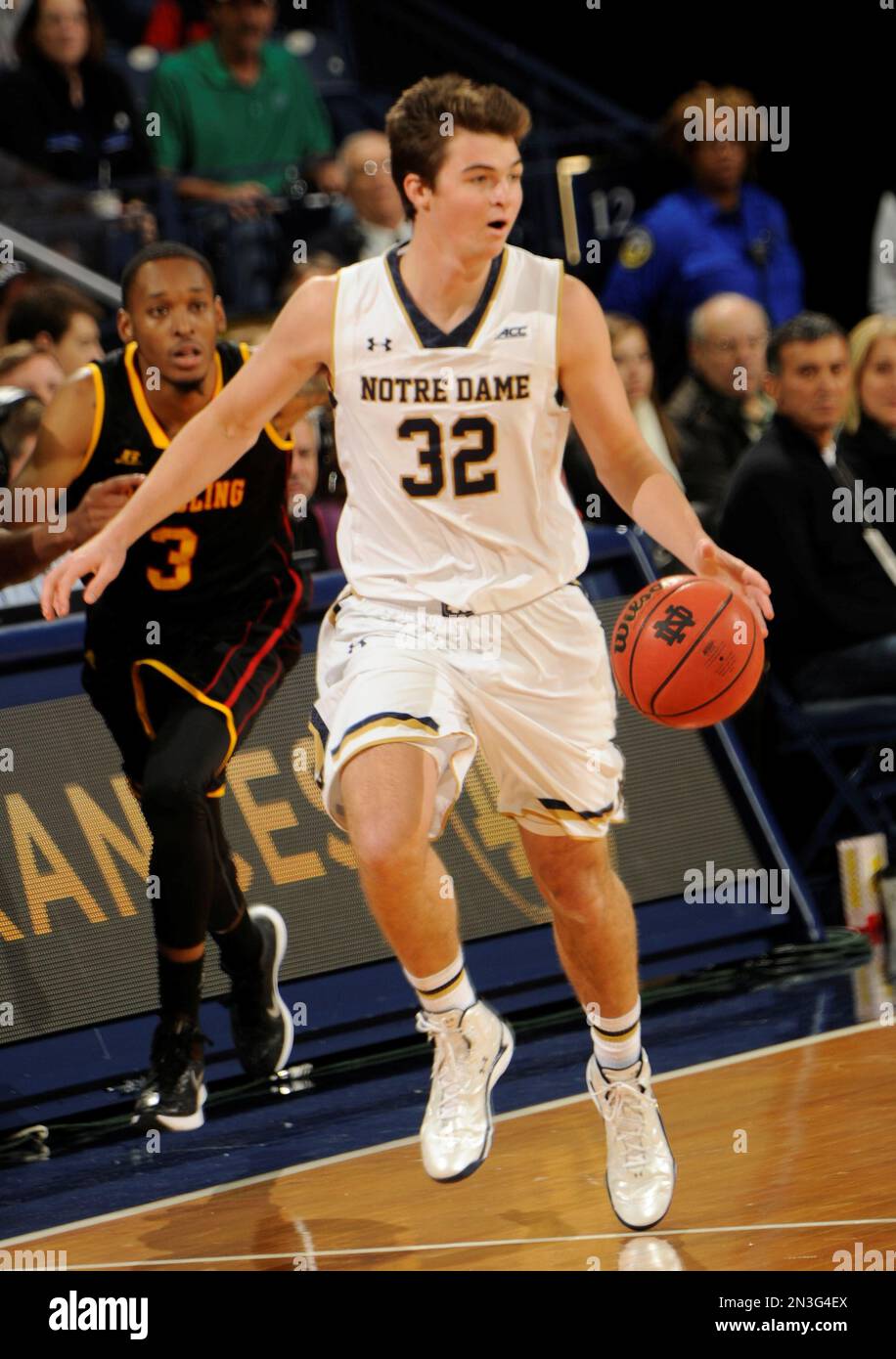 Notre Dame guard Steve Vasturia heads up court as Grambling State guard