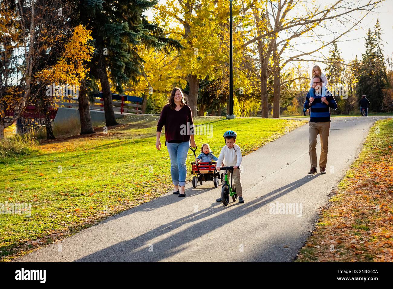 A mother pulling her daughter with Down Syndrome in a wagon, the father has their daughter on his shoulders and their son is riding his bike in a c... Stock Photo