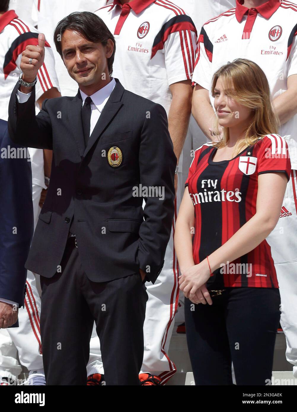 AC Milan coach Filippo Inzaghi is flanked by AC Milan vice president  Barbara Berlusconi during the presentation of the upcoming 2014-15 season  at the AC Milan headquarter in Milan, Italy, Thursday, July, image size:1002x1390