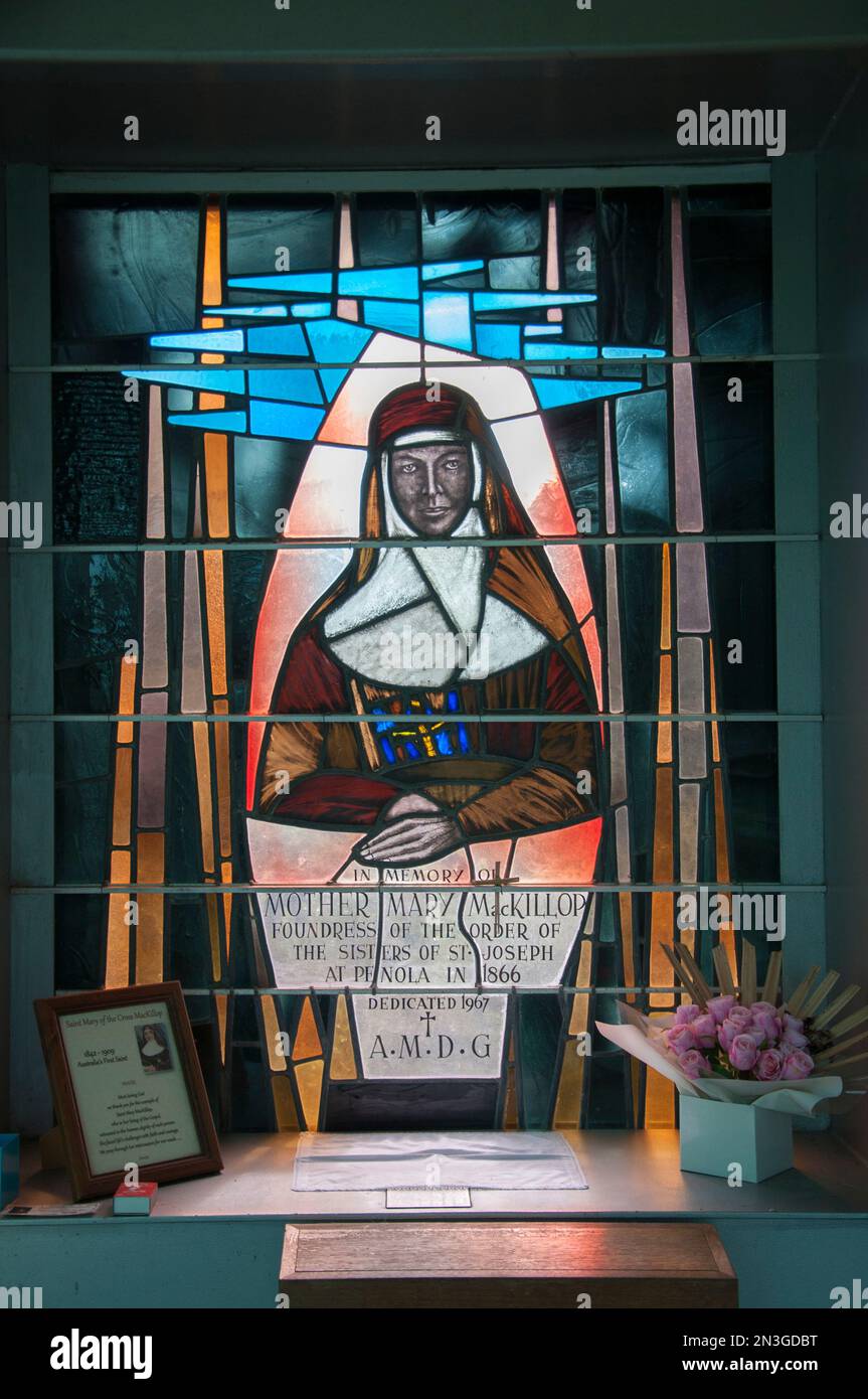 Mary MacKillop commemorative shrine window at St Josephs Church, Penola, South Australia.  Mary MacKillop became Australia's first saint. Stock Photo