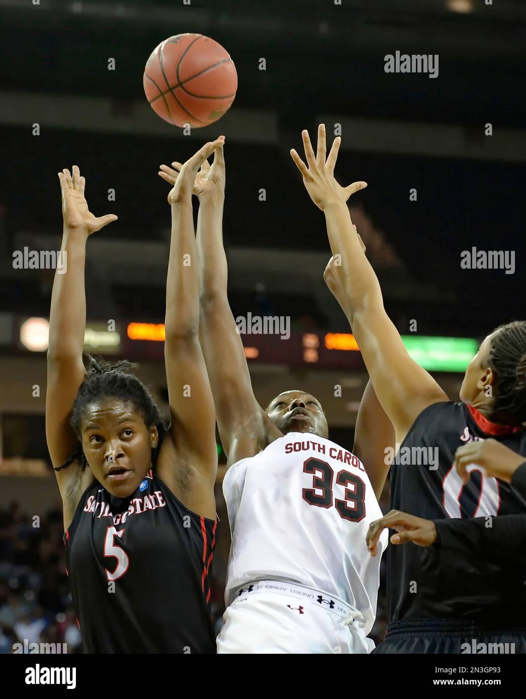 South Carolina's Elem Ibiam (33) battles for a rebound with San Diego