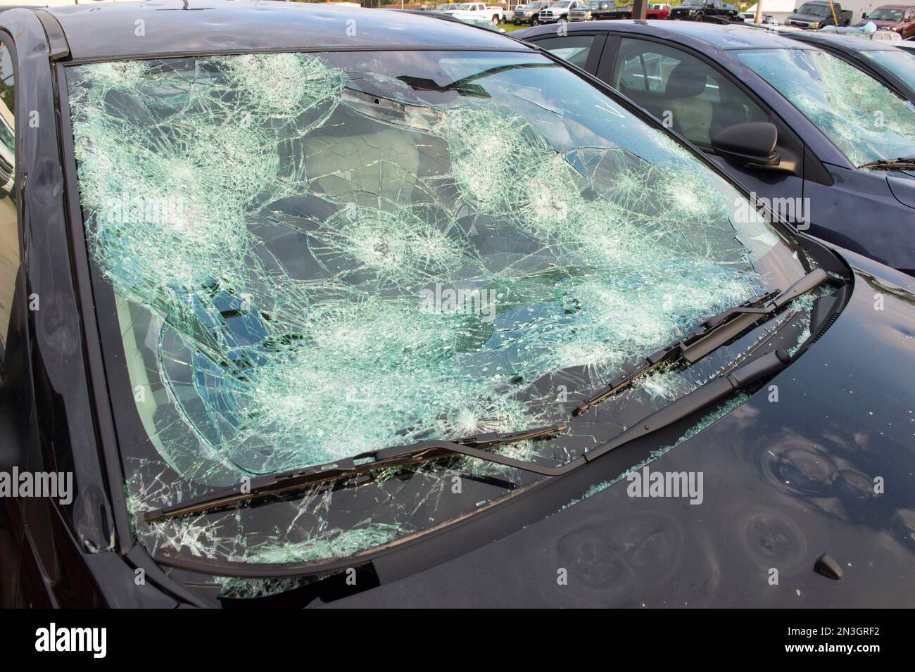 Parked cars with severe hail damage; Blair, Nebraska, United States of America Stock Photo