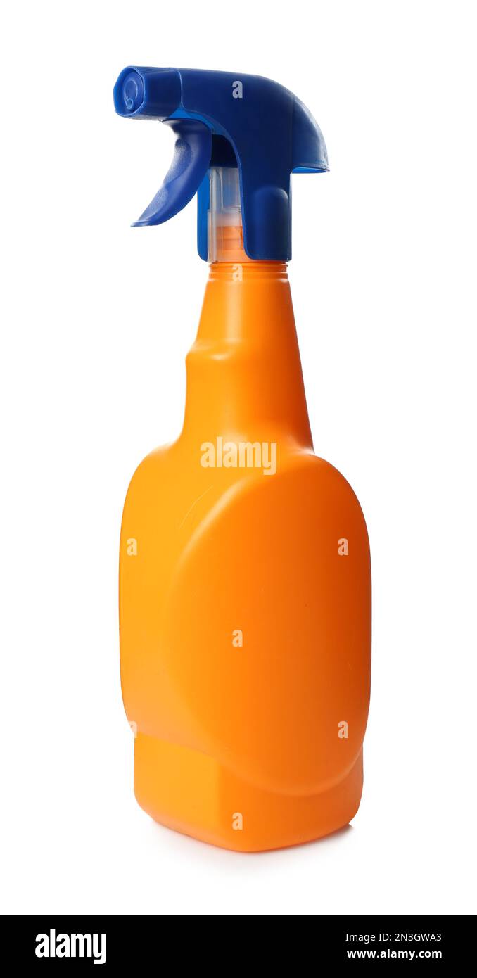 Orange spray bottle of cleaning product isolated on white Stock Photo