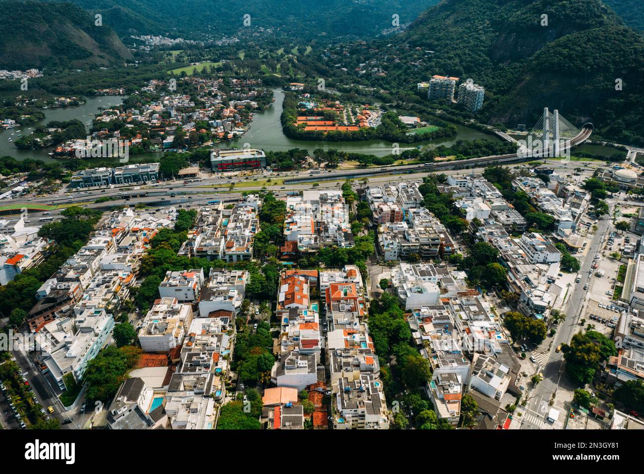 Aerial drone view of Barra da Tijuca neighbourhood in the western part of Rio de Janeiro, Brazil Stock Photo