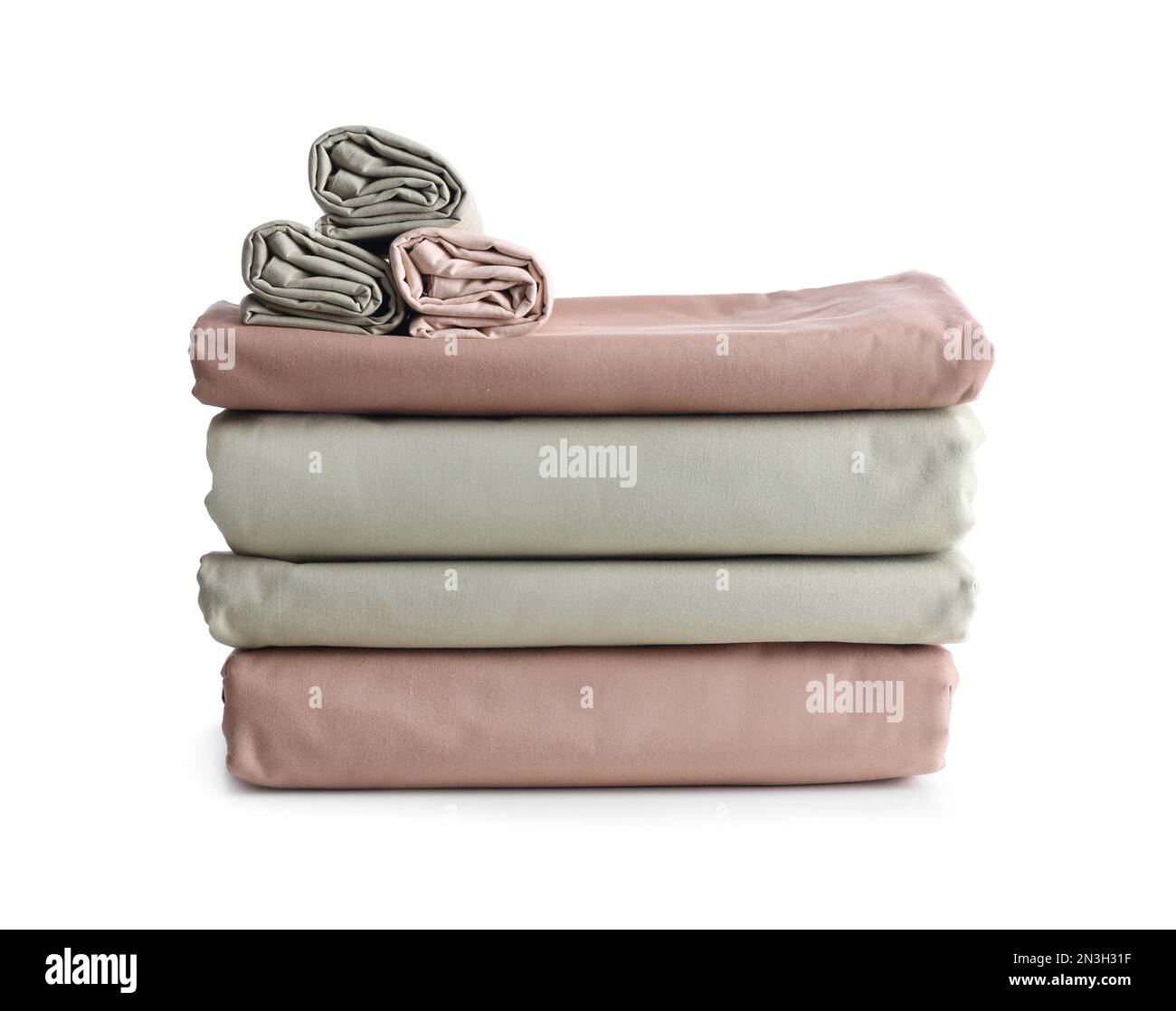 Stack of clean bed sheets isolated on white Stock Photo Alamy