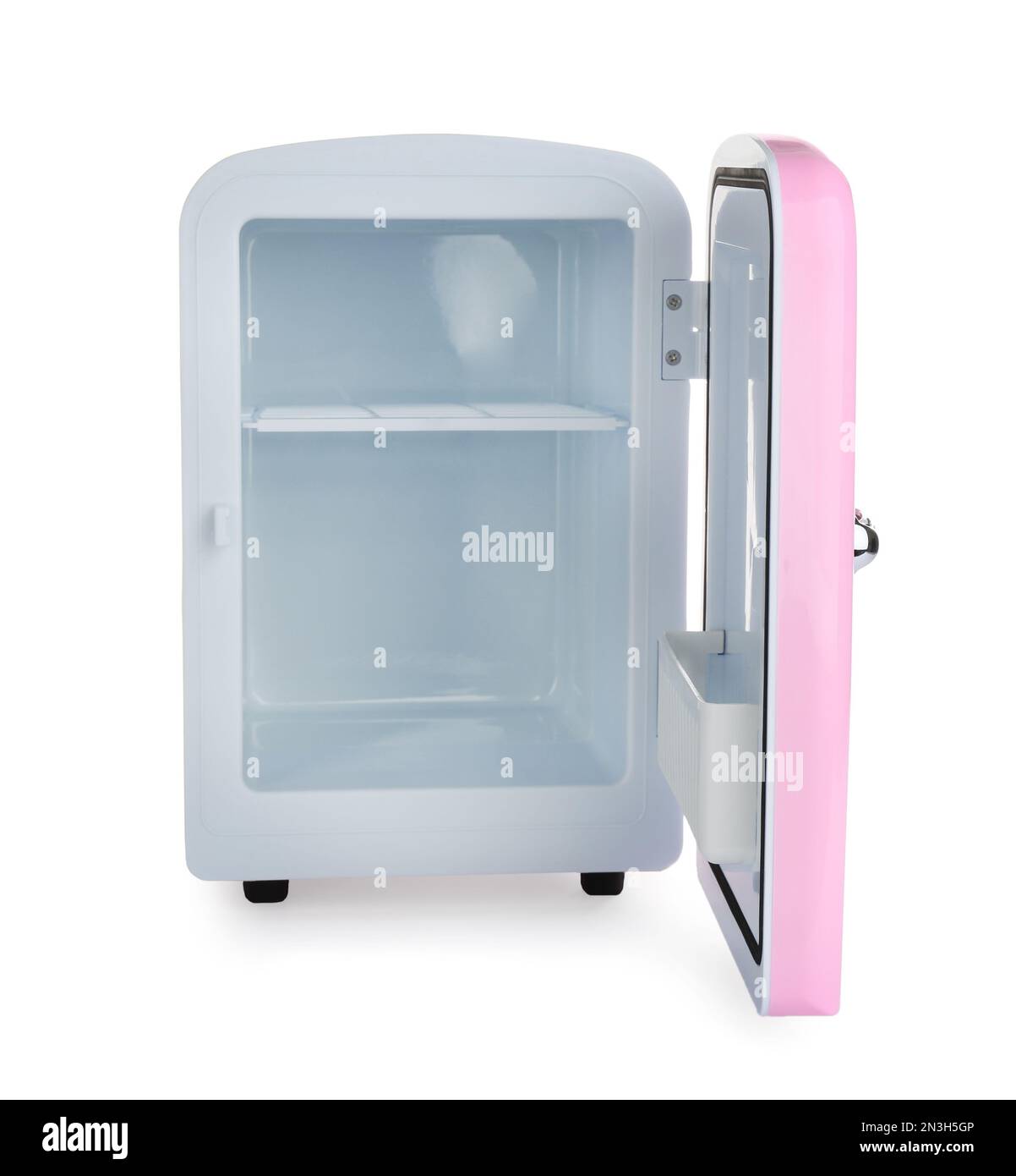 Open pink cosmetics refrigerator isolated on white Stock Photo Alamy