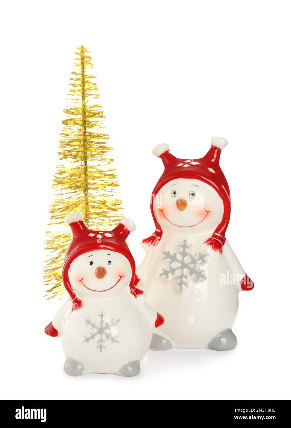 Decorative snowmen and Christmas tree on white background Stock Photo ...