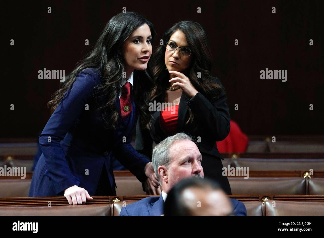 Washington, USA. 07th Feb, 2023. Rep. Anna Paulina Luna, R-Fla., left, talks with Rep. Lauren Boebert, R-Colo., before President Joe Biden delivers the State of the Union address to a joint session of Congress at the U.S. Capitol, Tuesday, Feb. 7, 2023, in Washington. (Photo by Jacquelyn Martin/Pool/Sipa USA) Credit: Sipa USA/Alamy Live News Stock Photo