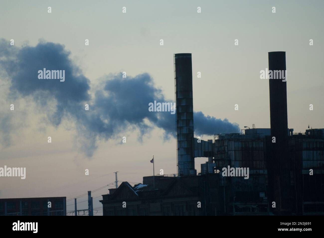 Industrial plant with two stacks and emissions in St. Louis, Missouri