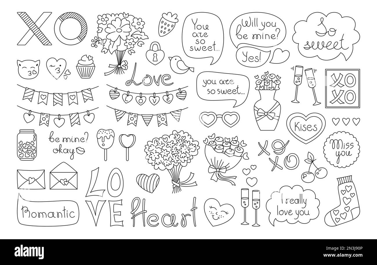 Valentines day love cute linear doodle design elements set ...