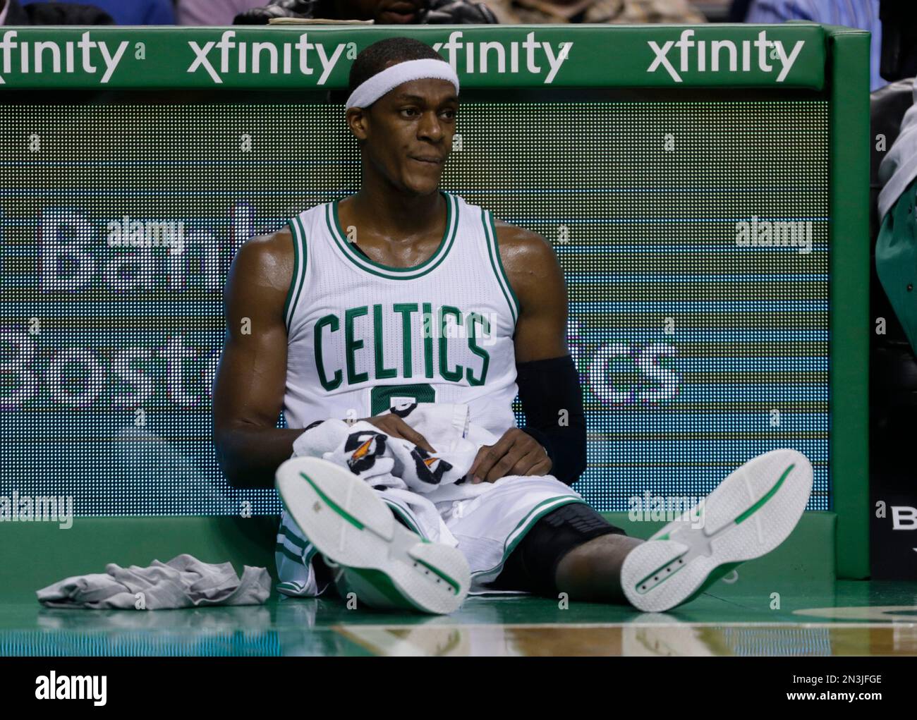 Boston Celtics guard Rajon Rondo (9) takes a break during the second ...