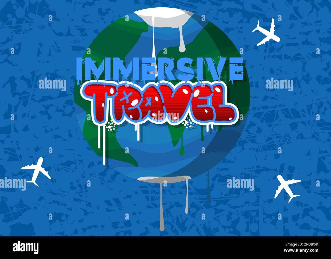 Planet Earth Graffiti with Immersive Travel text. Abstract modern street art Cartoon Space, cosmos. Vector illustration decoration performed in urban Stock Vector
