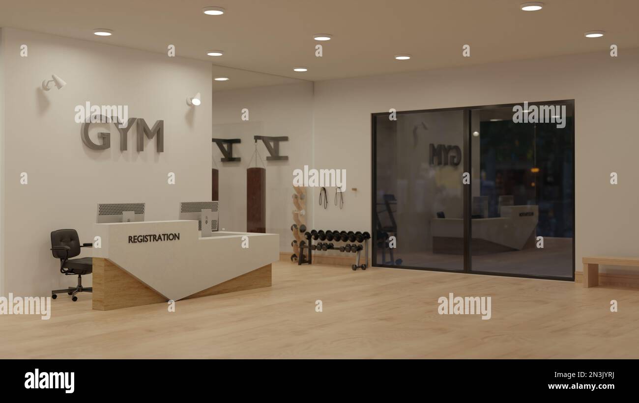 Modern gym lobby interior design with registration counter and sport
