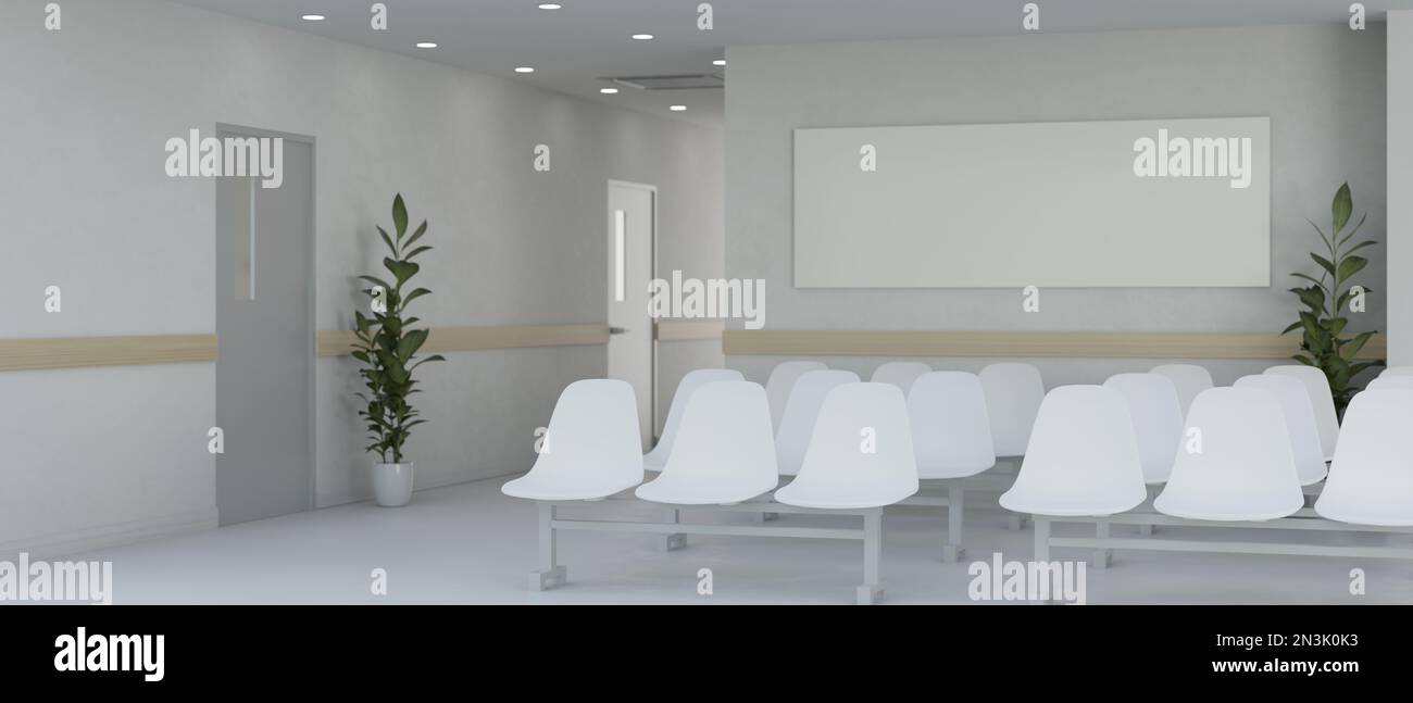 Modern white hospital waiting area interior design with white waiting