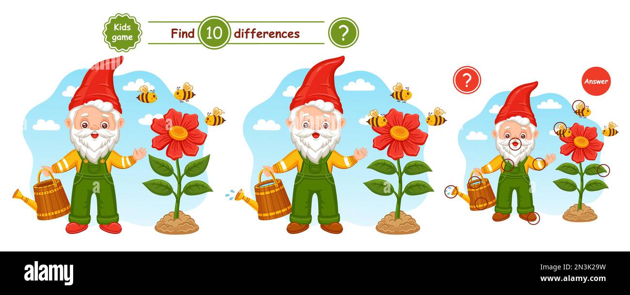 Cute garden gnome hold watering can, find differences puzzle education children game. Fairy small gardening elf dwarf. Bees fly under flower. Vector Stock Vector