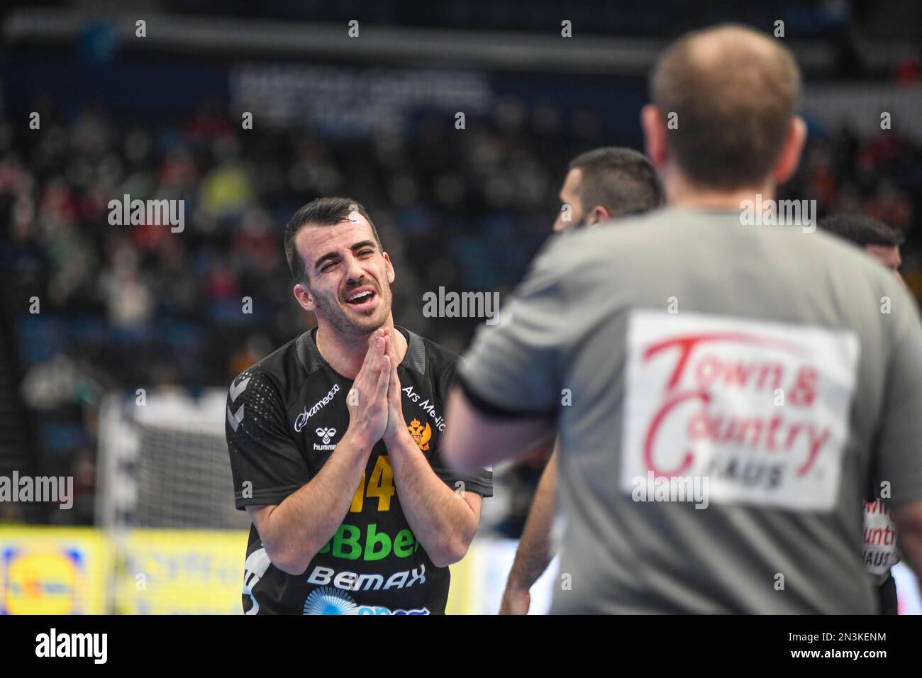 Milos Vujovic (Montenegro) arguing to the referee. EHF Euro 2022. Main Round Stock Photo