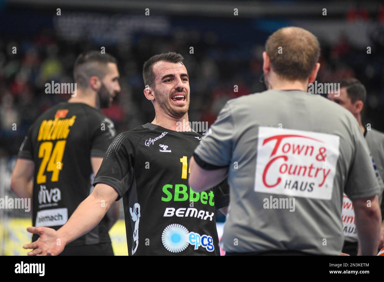 Milos Vujovic (Montenegro) arguing to the referee. EHF Euro 2022. Main Round Stock Photo