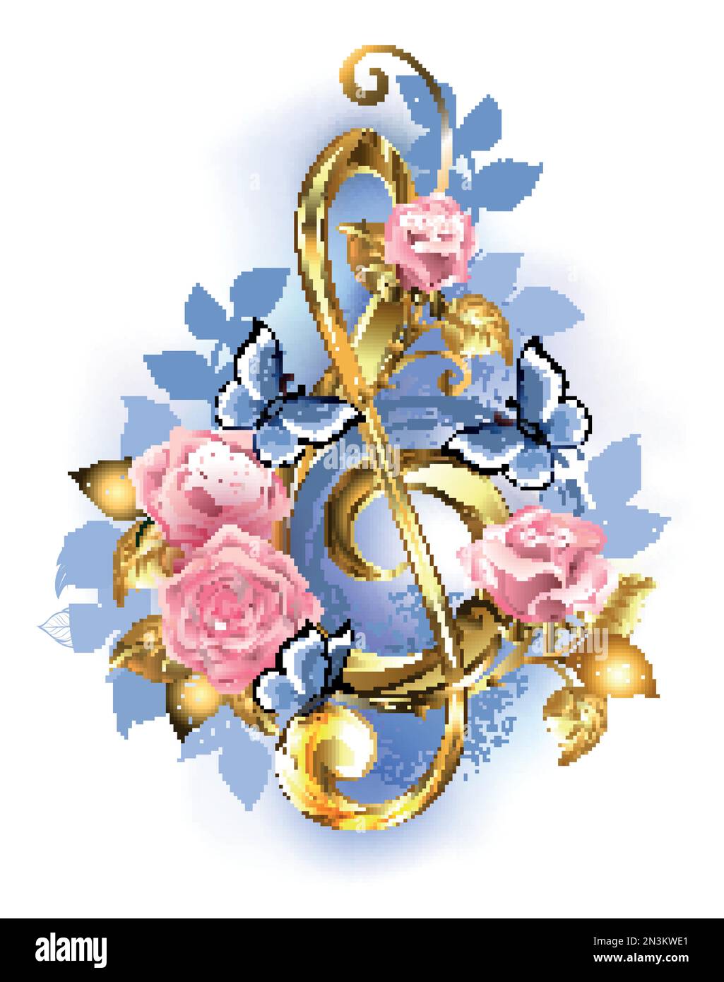 Gold, jewelry, treble clef decorated with delicate, artistically painted pink roses with fluttering blue butterflies. Stock Vector
