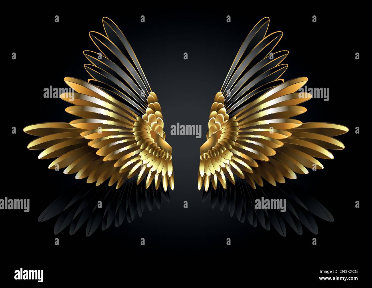 Gold, jewelry, hummingbird wings on black background. Stock Vector