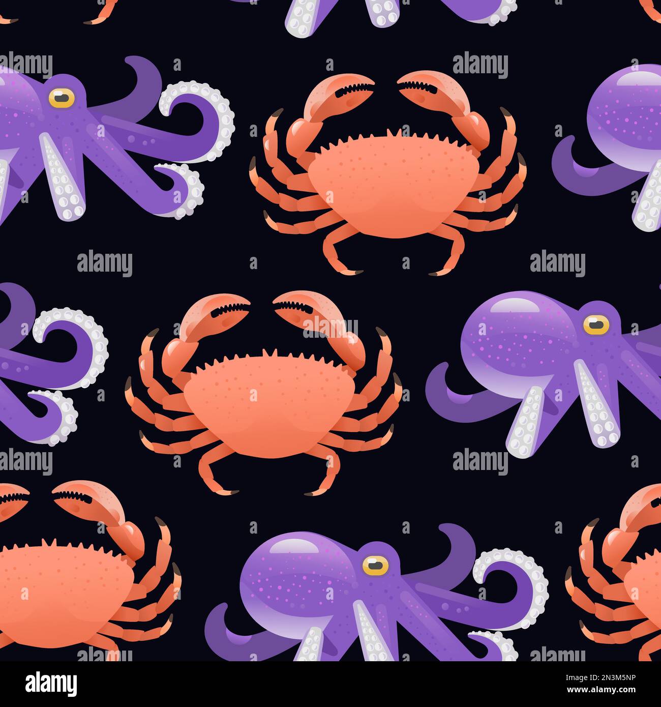 Vibrant cartoon seamless pattern with cute crabs and octopus. Vector ...