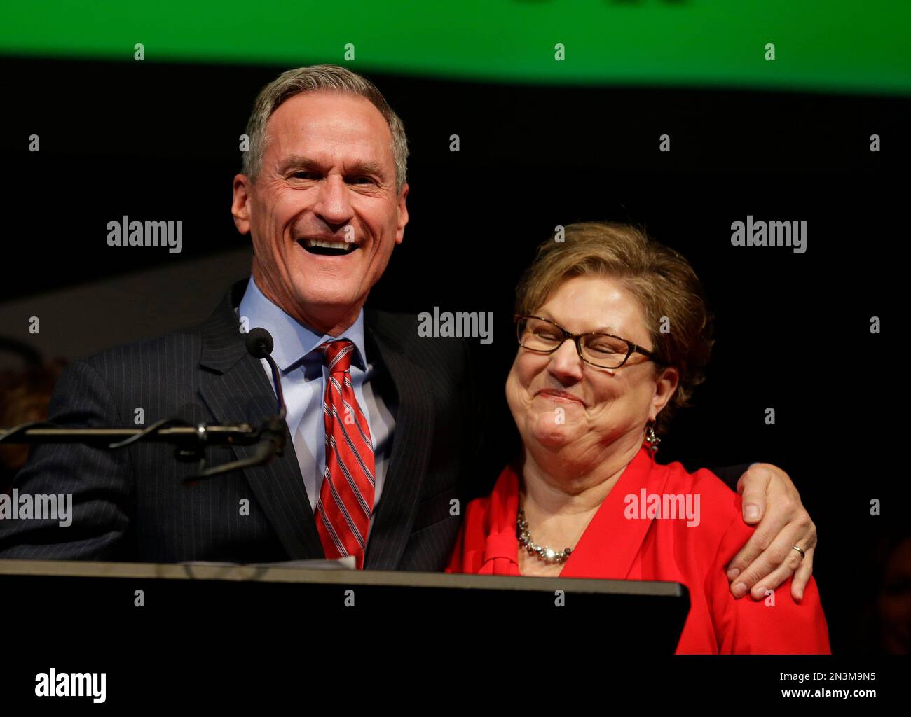 Republican South Dakota Gov. Dennis Daugaard celebrates with his wife