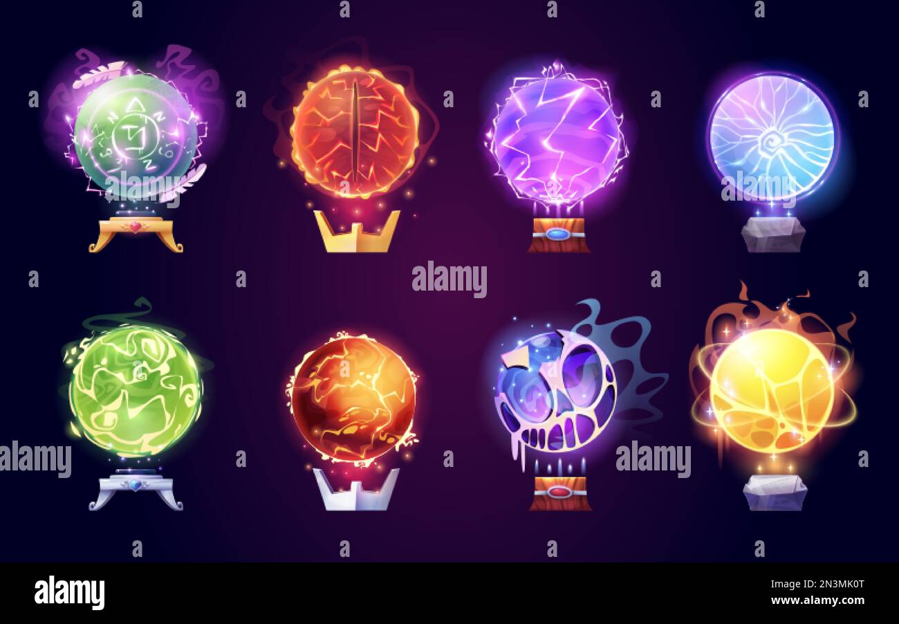 Magic crystal balls, energy spheres with light effect. Fantasy magician